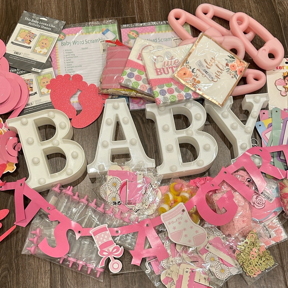 Pink and White Girl Baby Shower Party Supplies Bundle
